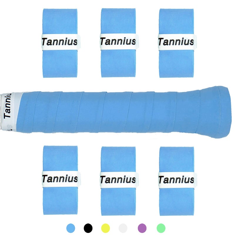 Tannius Tennis Racket Grip Tape  6 Pack Tacky Tennis Grips  Absorbent and Enhanced Tennis Racquet Overgrip (6-Pack Blue)